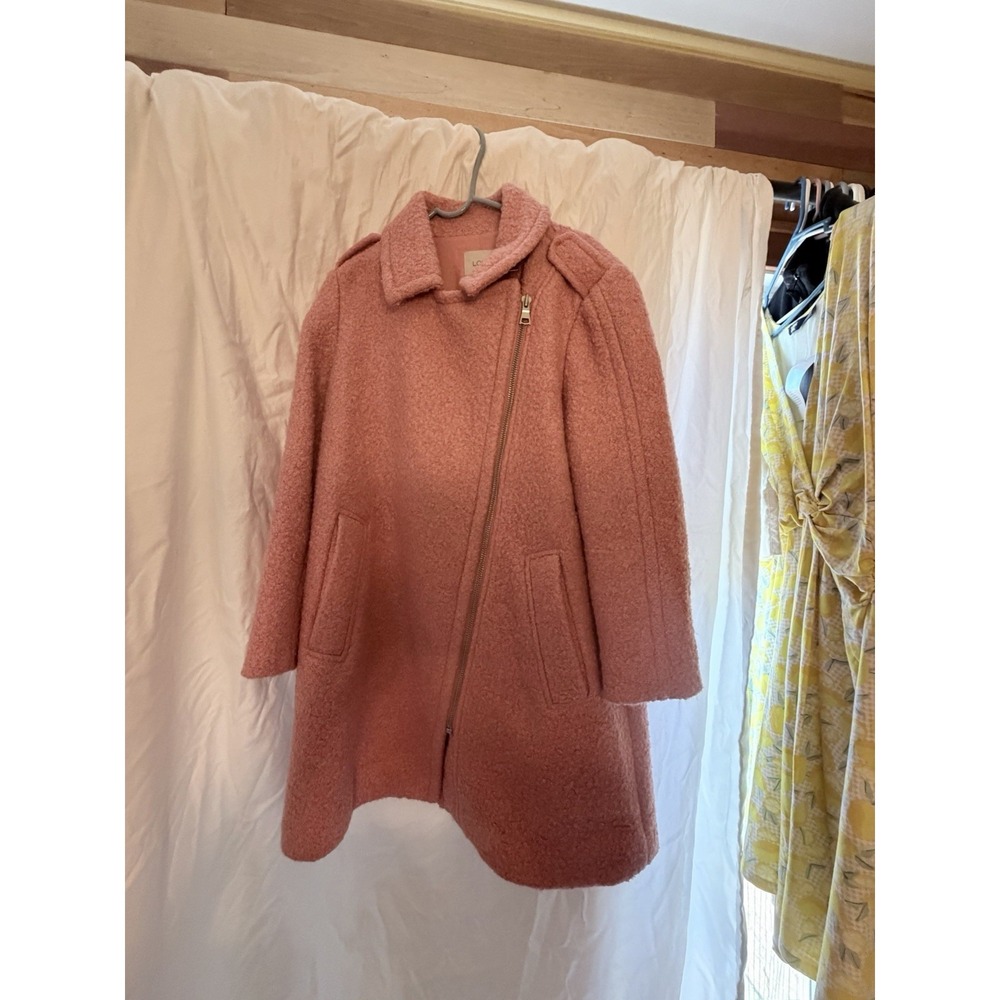 Loft Pink Boucle Asymmetrical Zip Moto Coat Jacket Large  Wool Blend